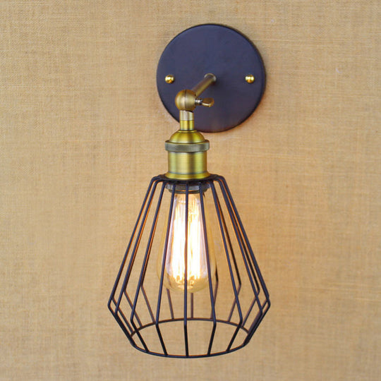 Industrial Black Metal Mini Wall Light Fixture For Bedroom - Cylinder/Teardrop Caged Mount Lighting