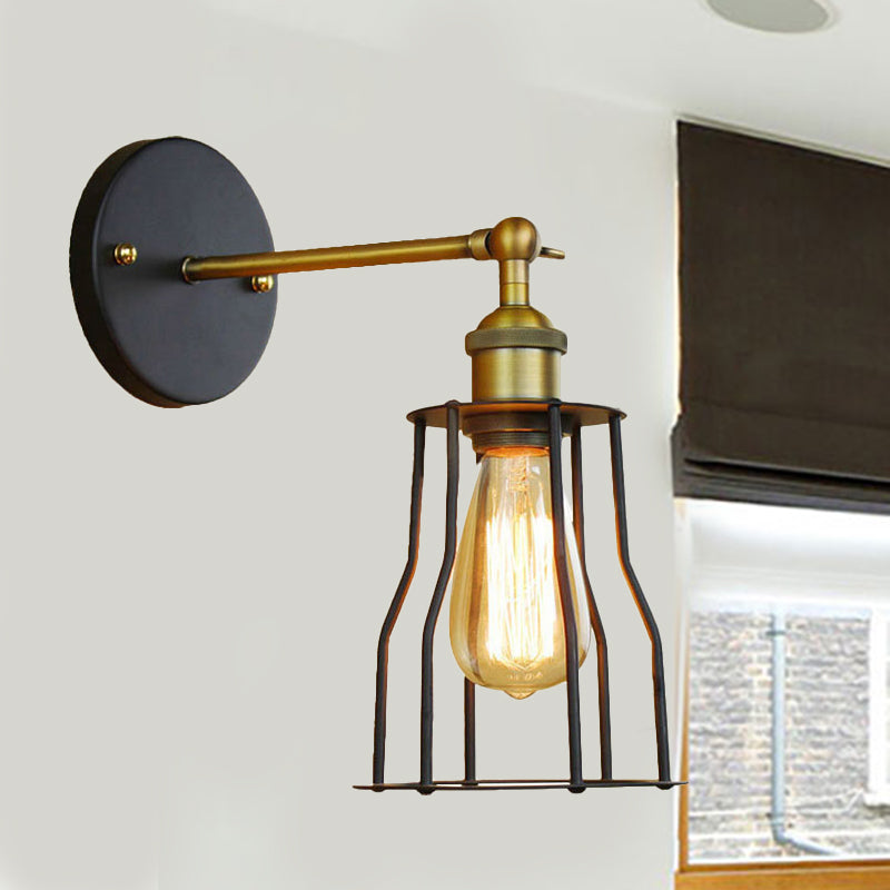 Industrial Black Metal Mini Wall Light Fixture For Bedroom - Cylinder/Teardrop Caged Mount Lighting