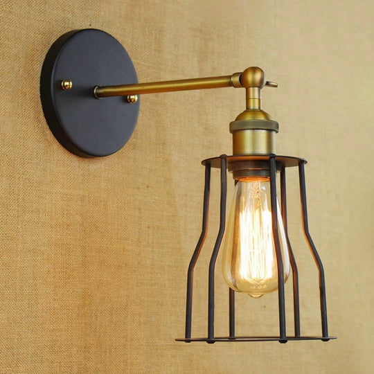 Industrial Black Metal Mini Wall Light Fixture For Bedroom - Cylinder/Teardrop Caged Mount Lighting