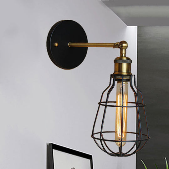 Industrial Black Metal Mini Wall Light Fixture For Bedroom - Cylinder/Teardrop Caged Mount Lighting