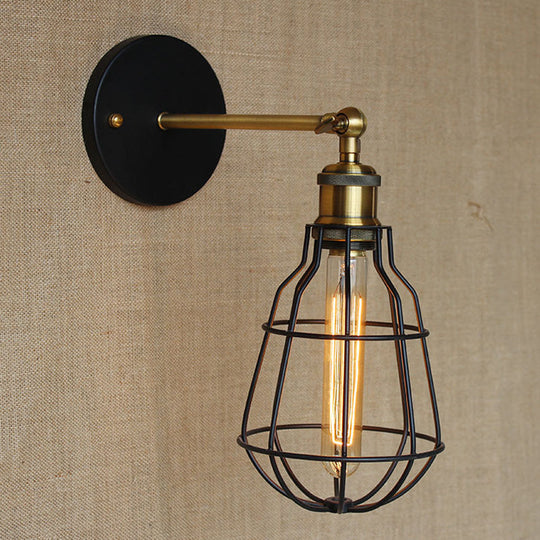 Industrial Black Metal Mini Wall Light Fixture For Bedroom - Cylinder/Teardrop Caged Mount Lighting