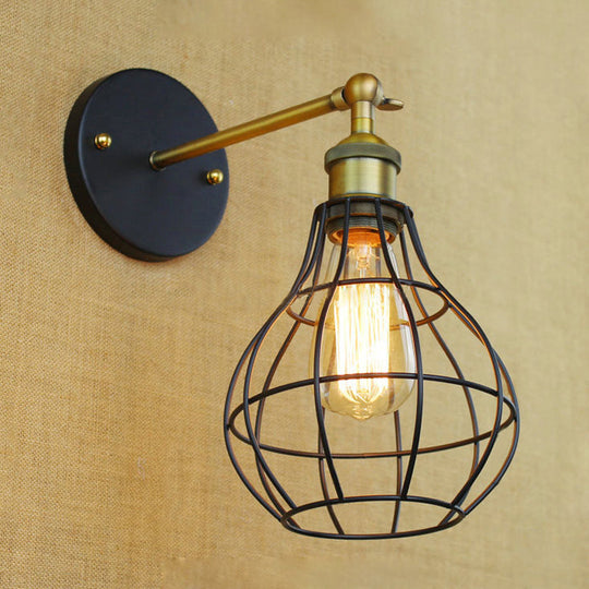 Industrial Black Metal Mini Wall Light Fixture For Bedroom - Cylinder/Teardrop Caged Mount Lighting