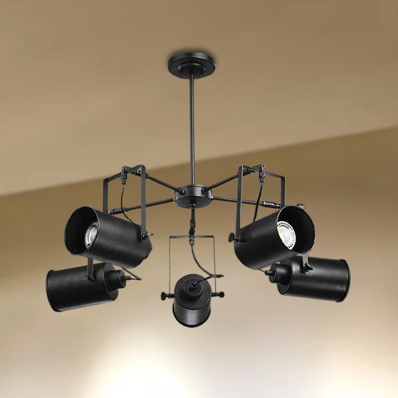 Adjustable Pendant Lighting - Black Finish Chandelier With Retro Metal Cylinder Shade 5 Bulbs