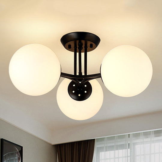 Traditional Black Semi Flush Ceiling Light Fixture with Globe White Glass Shade - 3/6 Lights for Living Room