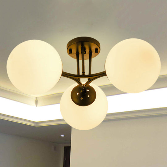 Traditional Black Semi Flush Ceiling Light Fixture with Globe White Glass Shade - 3/6 Lights for Living Room