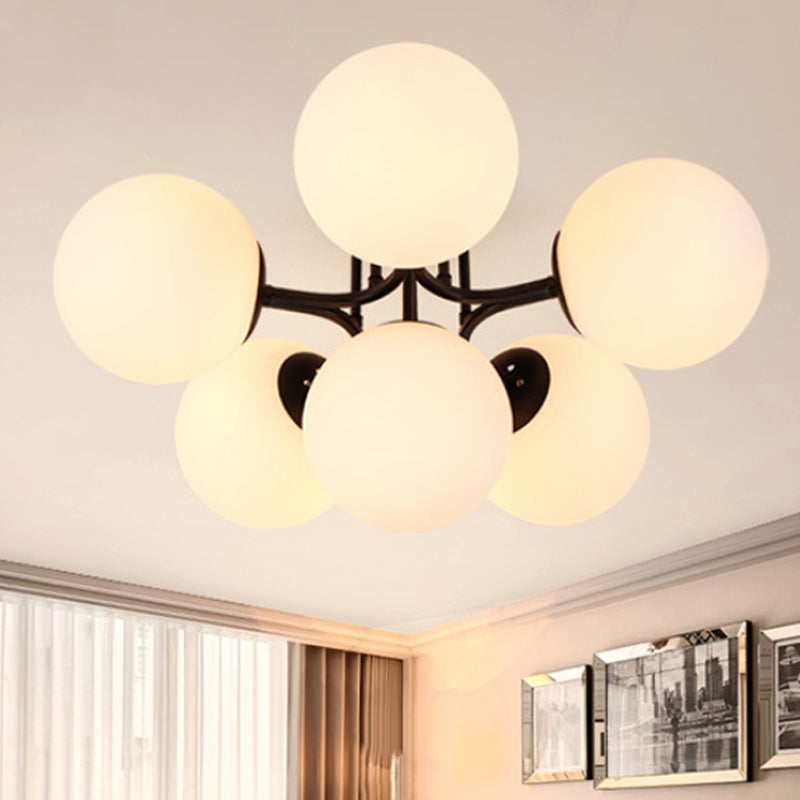 Traditional Black Semi Flush Ceiling Light Fixture with Globe White Glass Shade - 3/6 Lights for Living Room