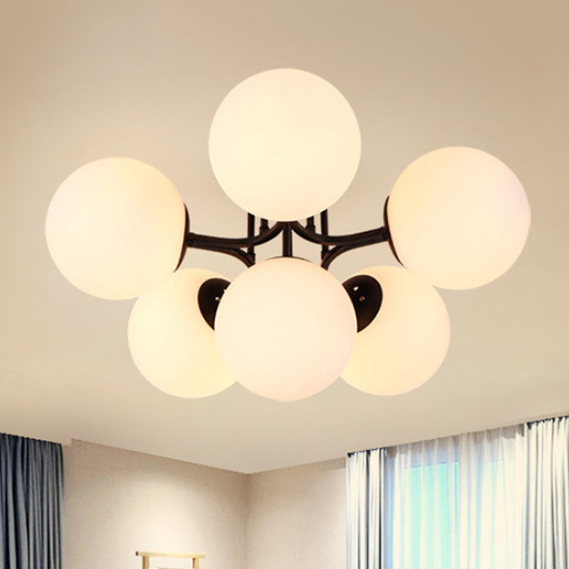 Traditional Black Semi Flush Ceiling Light Fixture with Globe White Glass Shade - 3/6 Lights for Living Room