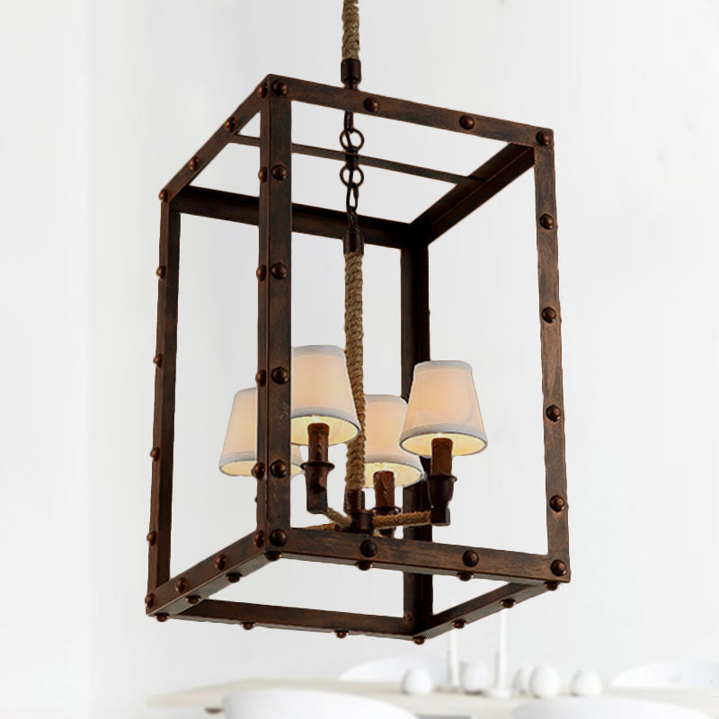 Iron Cage Pendant Lights Antique Chandelier Lamp For Living Room With Fabric Cone Shade In Rust -