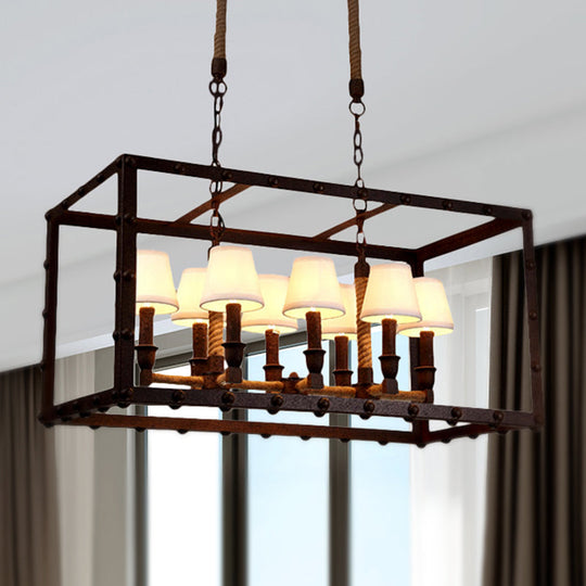 Antique Rectangular Pendant Lighting 4/8 Lights Chandelier with Inner Fabric Cone Shade in Rust - Perfect for Living Room