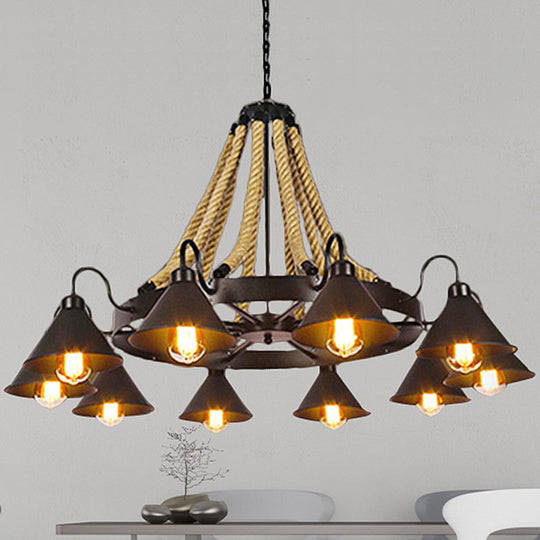 Farmhouse Metallic Cone Chandelier Lamp - 6/8 Lights Pendant Lighting with Rope Detail, Black