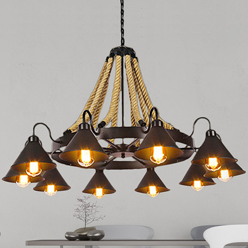 Black Rope Detail Metallic Cone Chandelier: 6/8-Light Farmhouse Restaurant Pendant Lighting 10 /