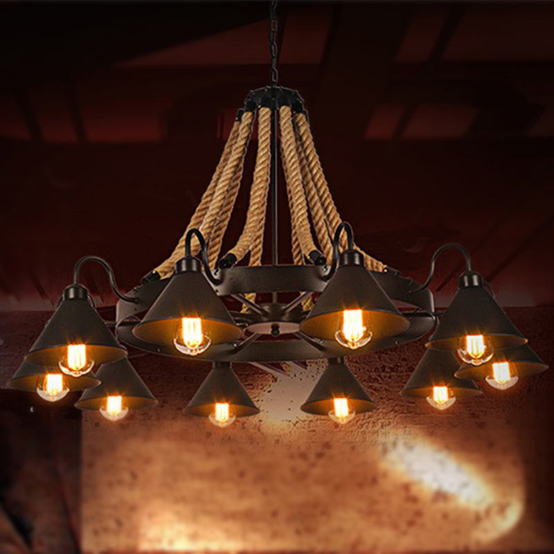 Black Rope Detail Metallic Cone Chandelier: 6/8-Light Farmhouse Restaurant Pendant Lighting