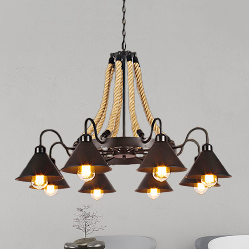 Black Rope Detail Metallic Cone Chandelier: 6/8-Light Farmhouse Restaurant Pendant Lighting 8 /