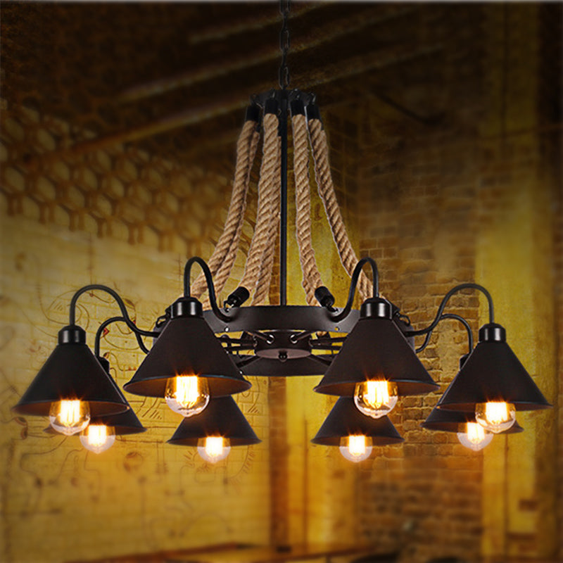 Black Rope Detail Metallic Cone Chandelier: 6/8-Light Farmhouse Restaurant Pendant Lighting