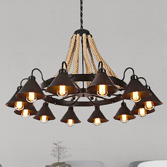 Farmhouse Metallic Cone Chandelier Lamp - 6/8 Lights Pendant Lighting with Rope Detail, Black