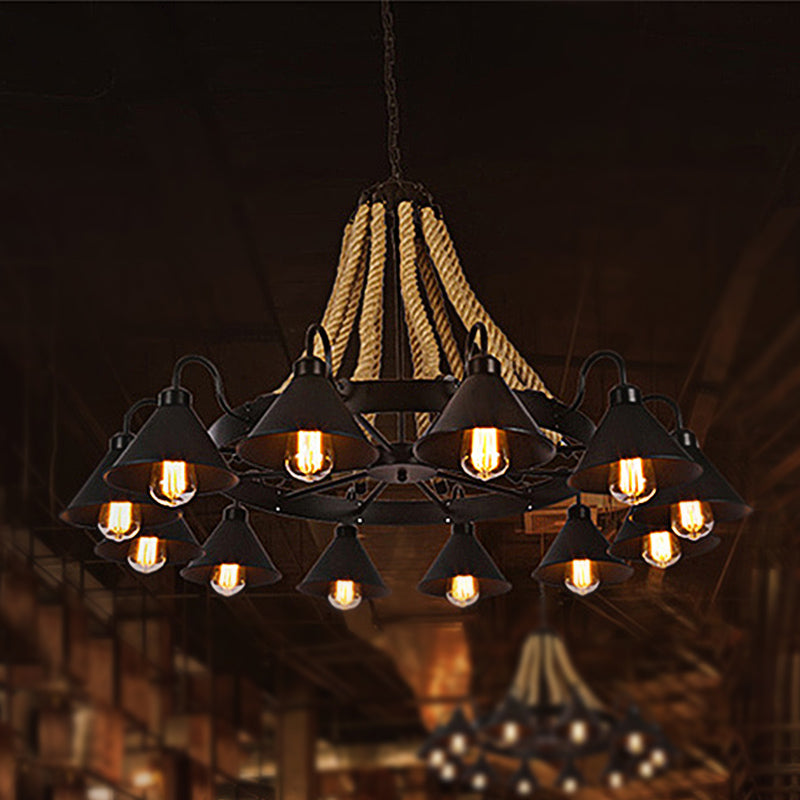 Black Rope Detail Metallic Cone Chandelier: 6/8-Light Farmhouse Restaurant Pendant Lighting