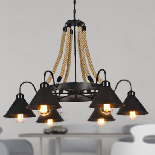 Farmhouse Metallic Cone Chandelier Lamp - 6/8 Lights Pendant Lighting with Rope Detail, Black