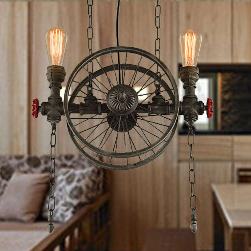 Rustic Exposed Bulb Hanging Light: Wheel Design, 2-Light Wrought Iron Pendant Chandelier in Bronze