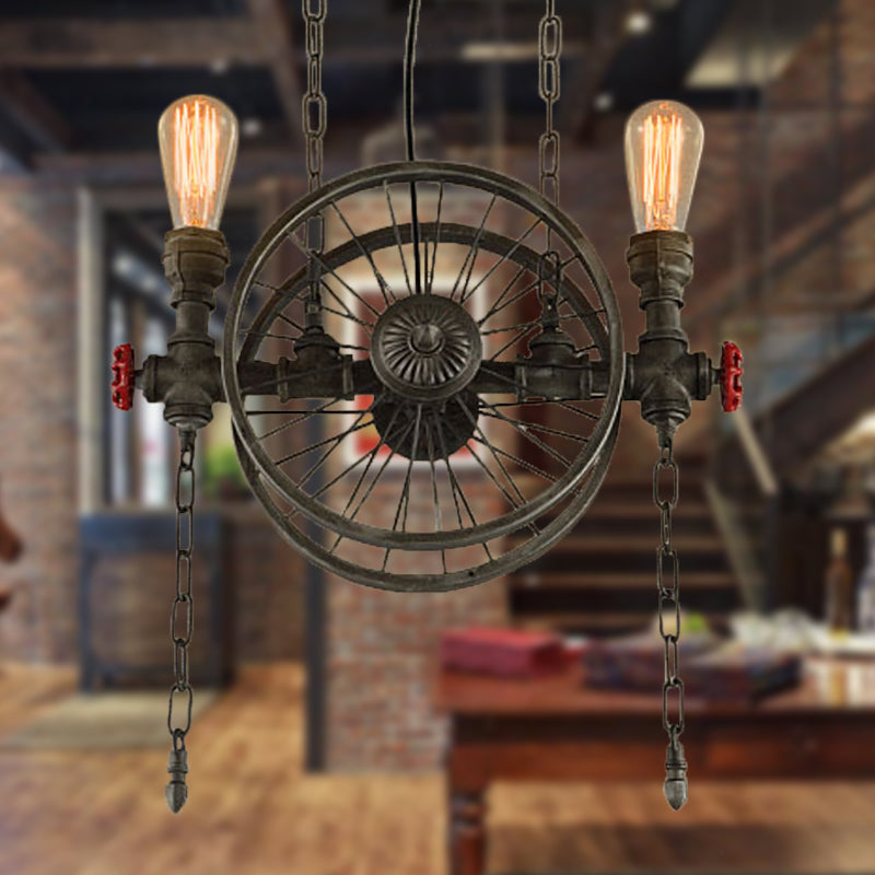 Rustic Exposed Bulb Hanging Light: Wheel Design, 2-Light Wrought Iron Pendant Chandelier in Bronze