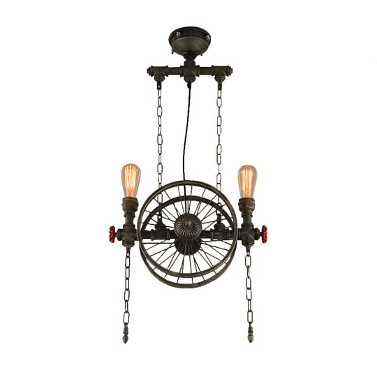 Rustic Exposed Bulb Hanging Light: Wheel Design, 2-Light Wrought Iron Pendant Chandelier in Bronze