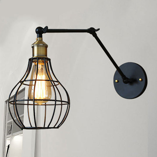 Modern Black Metal Wall Sconce With Adjustable Arm And Cage Shade - Retro Style Lighting 1 Light