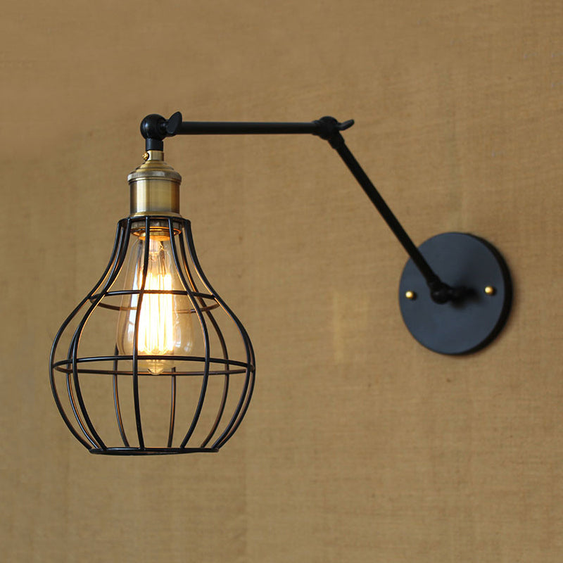 Modern Black Metal Wall Sconce With Adjustable Arm And Cage Shade - Retro Style Lighting 1 Light