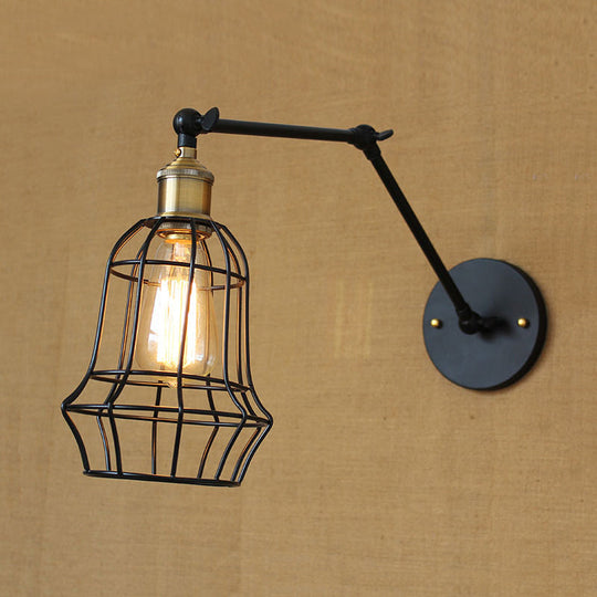 Modern Black Metal Wall Sconce With Adjustable Arm And Cage Shade - Retro Style Lighting 1 Light