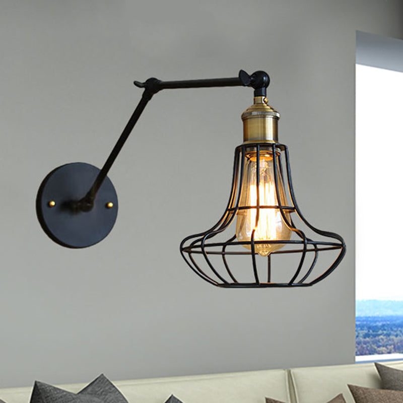 Modern Black Metal Wall Sconce With Adjustable Arm And Cage Shade - Retro Style Lighting 1 Light /