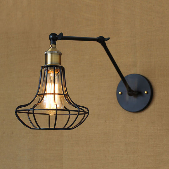 Modern Black Metal Wall Sconce With Adjustable Arm And Cage Shade - Retro Style Lighting 1 Light