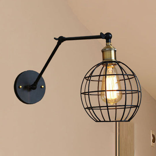 Modern Black Metal Wall Sconce With Adjustable Arm And Cage Shade - Retro Style Lighting 1 Light /