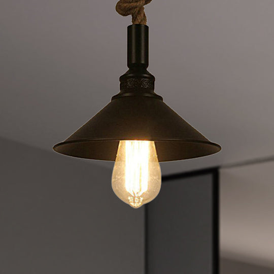 Vintage Style Conical Pendant Light Fixture - Metal 1 Suspension Lamp With Adjustable Black Rope