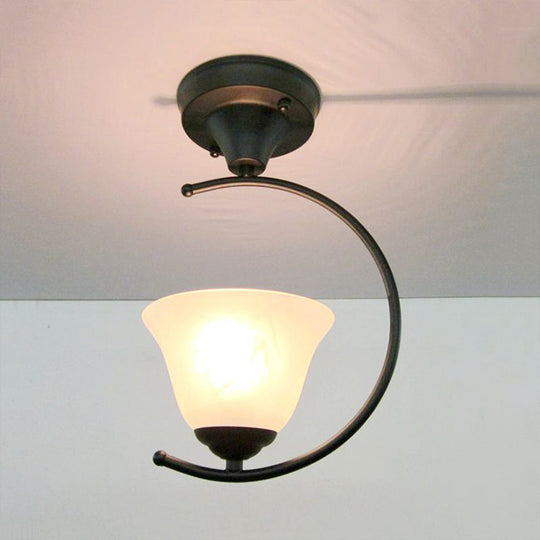 Industrial Flower/Bell Semi Flush Mount Ceiling Light - Single Bulb Frosted Glass White/Black For