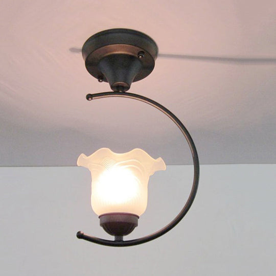 Industrial Flower/Bell Semi Flush Mount Ceiling Light - Single Bulb Frosted Glass White/Black For