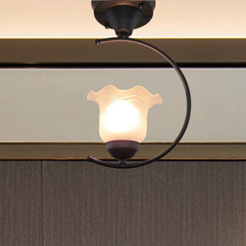 Industrial Flower/Bell Semi Flush Mount Ceiling Light - Single Bulb Frosted Glass White/Black For