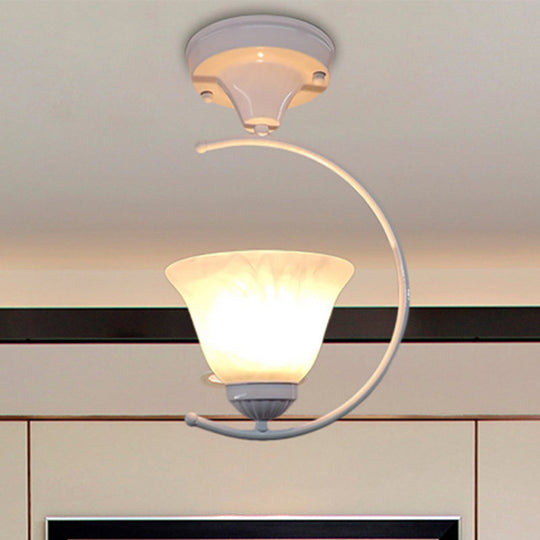 Industrial Flower/Bell Semi Flush Mount Ceiling Light - Single Bulb Frosted Glass White/Black For