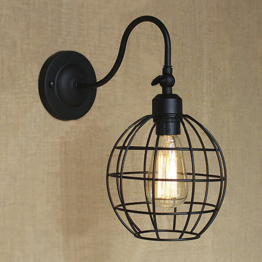 Retro Style Black Globe Wall Mount Light With Gooseneck Arm - Bedroom Mini Lamp