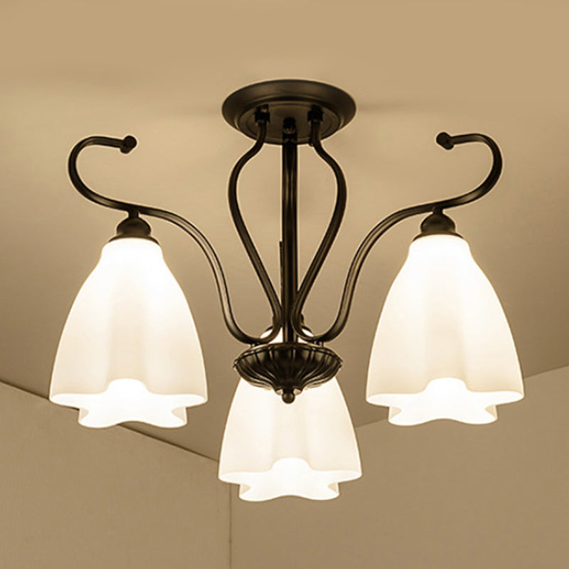 Flower-Shaped White Glass Ceiling Light Fixture with 3/6/8 Lights for Classic Living Room Semi-Mount Lighting in Black