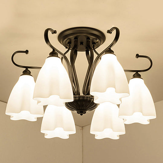 Flower-Shaped White Glass Ceiling Light Fixture with 3/6/8 Lights for Classic Living Room Semi-Mount Lighting in Black