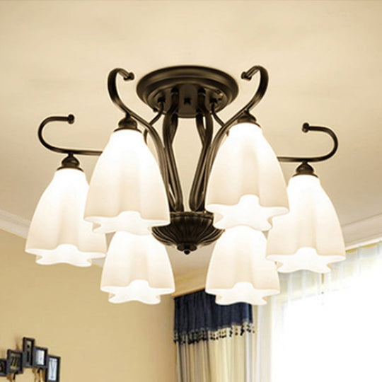 Flower-Shaped White Glass Ceiling Light Fixture with 3/6/8 Lights for Classic Living Room Semi-Mount Lighting in Black