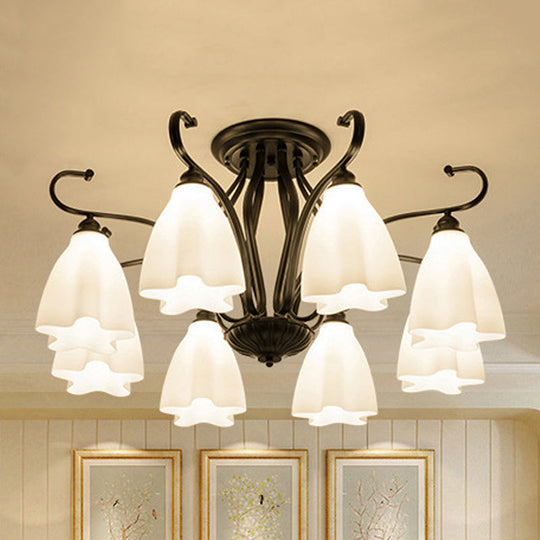 Flower-Shaped White Glass Ceiling Light Fixture with 3/6/8 Lights for Classic Living Room Semi-Mount Lighting in Black