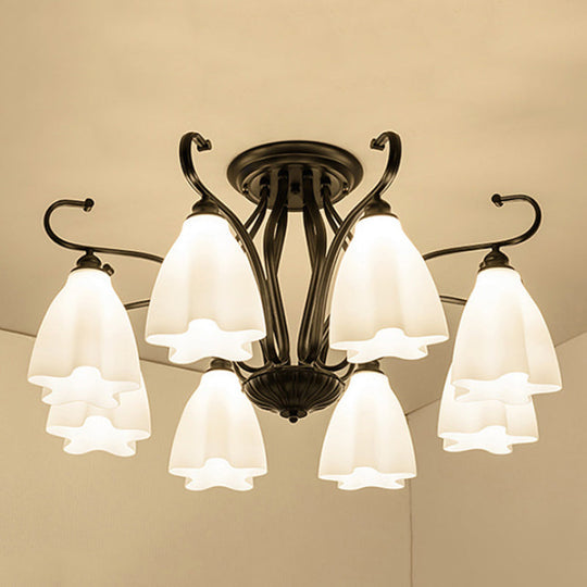 Flower-Shaped White Glass Ceiling Light Fixture with 3/6/8 Lights for Classic Living Room Semi-Mount Lighting in Black