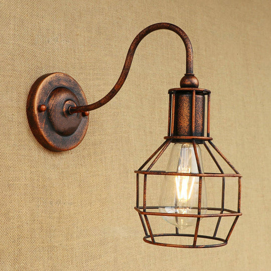 Vintage Industrial Wall Lamp - Metallic Black/Bronze Global Cage With Gooseneck Arm