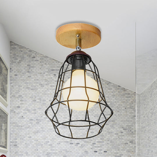 Retro Industrial Metal Semi Flush Light: Mini Triangle/Urn Design with Wire Guard - 1 Head Bedroom Ceiling Fixture