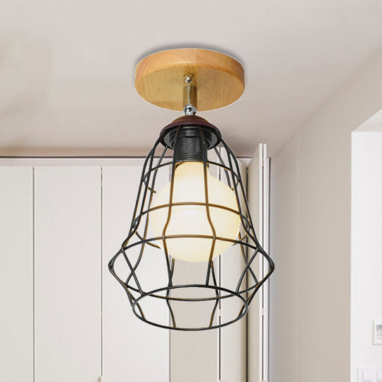 Retro Industrial Metal Semi Flush Light: Mini Triangle/Urn Design with Wire Guard - 1 Head Bedroom Ceiling Fixture