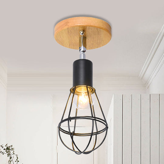 Industrial Loft Ceiling Fixture with Wire Cage and Rotatable Bulb - Black Metallic Semi-Flush Mount for 4"/5.5" Dia