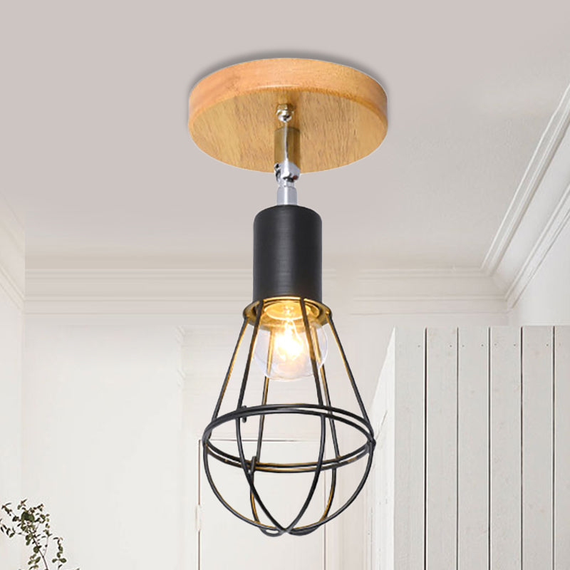 Industrial Loft Ceiling Fixture With Wire Cage And Rotatable Bulb - Black Metallic Semi-Flush Mount