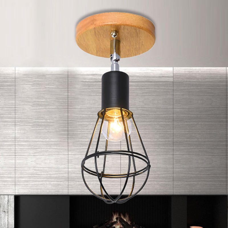 Industrial Loft Ceiling Fixture with Wire Cage and Rotatable Bulb - Black Metallic Semi-Flush Mount for 4"/5.5" Dia