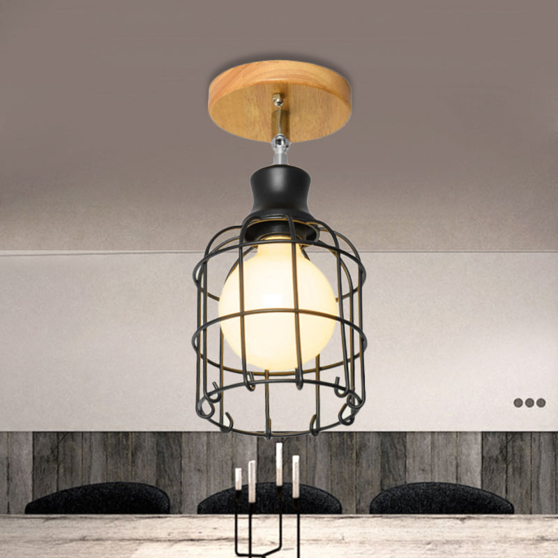 Industrial Loft Ceiling Fixture with Wire Cage and Rotatable Bulb - Black Metallic Semi-Flush Mount for 4"/5.5" Dia