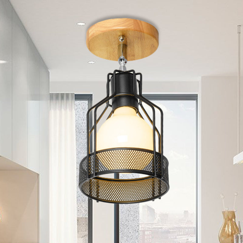 Industrial Loft Ceiling Fixture with Wire Cage and Rotatable Bulb - Black Metallic Semi-Flush Mount for 4"/5.5" Dia