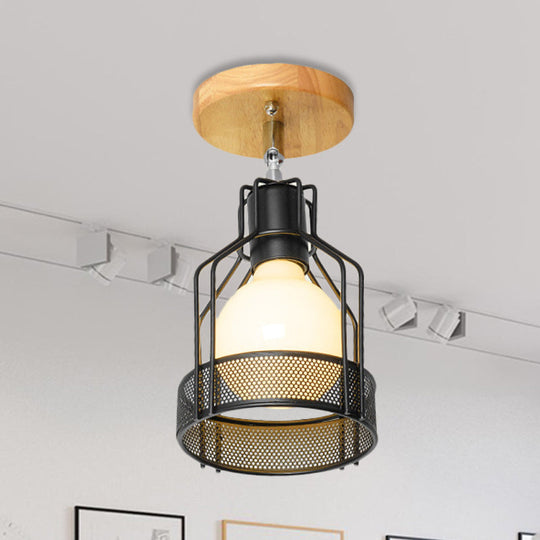 Industrial Loft Ceiling Fixture with Wire Cage and Rotatable Bulb - Black Metallic Semi-Flush Mount for 4"/5.5" Dia